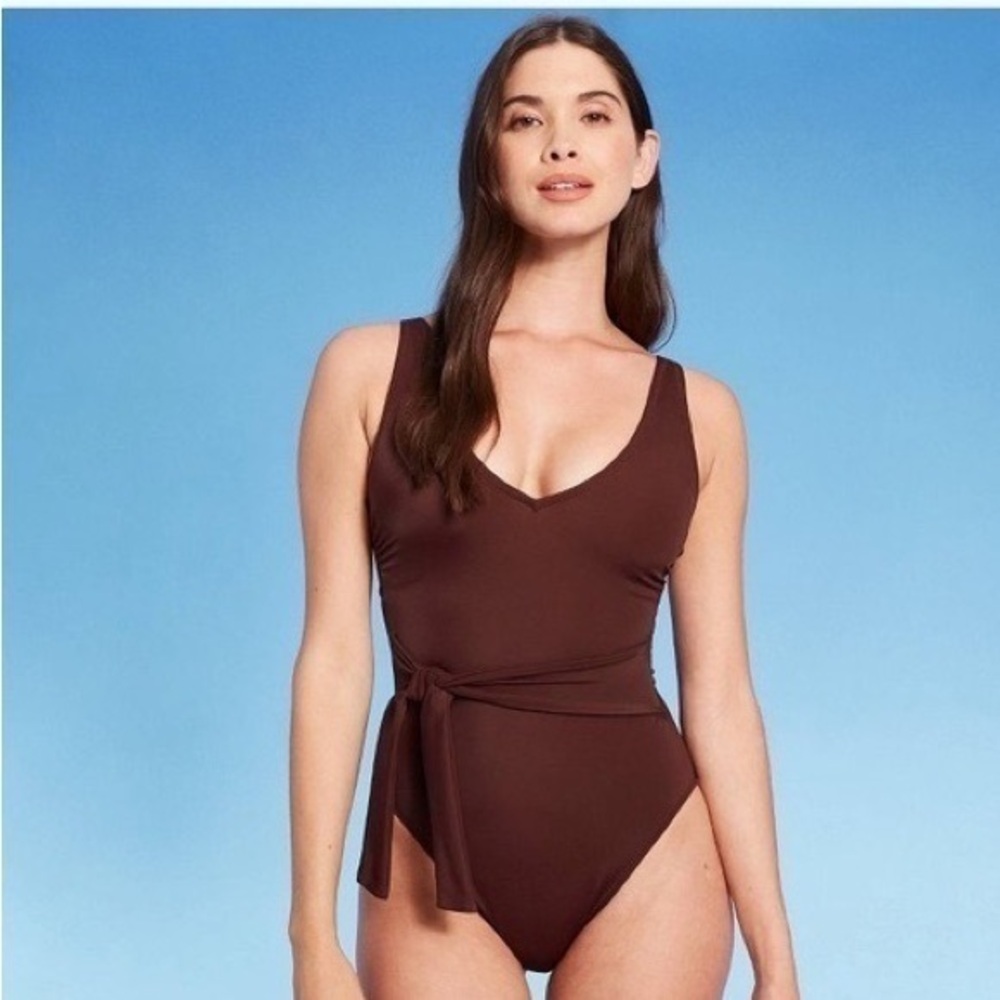 NEW Women's Plunge Tie-Front Wrap One Piece Swimsuit - Shade & Shore™ Brown